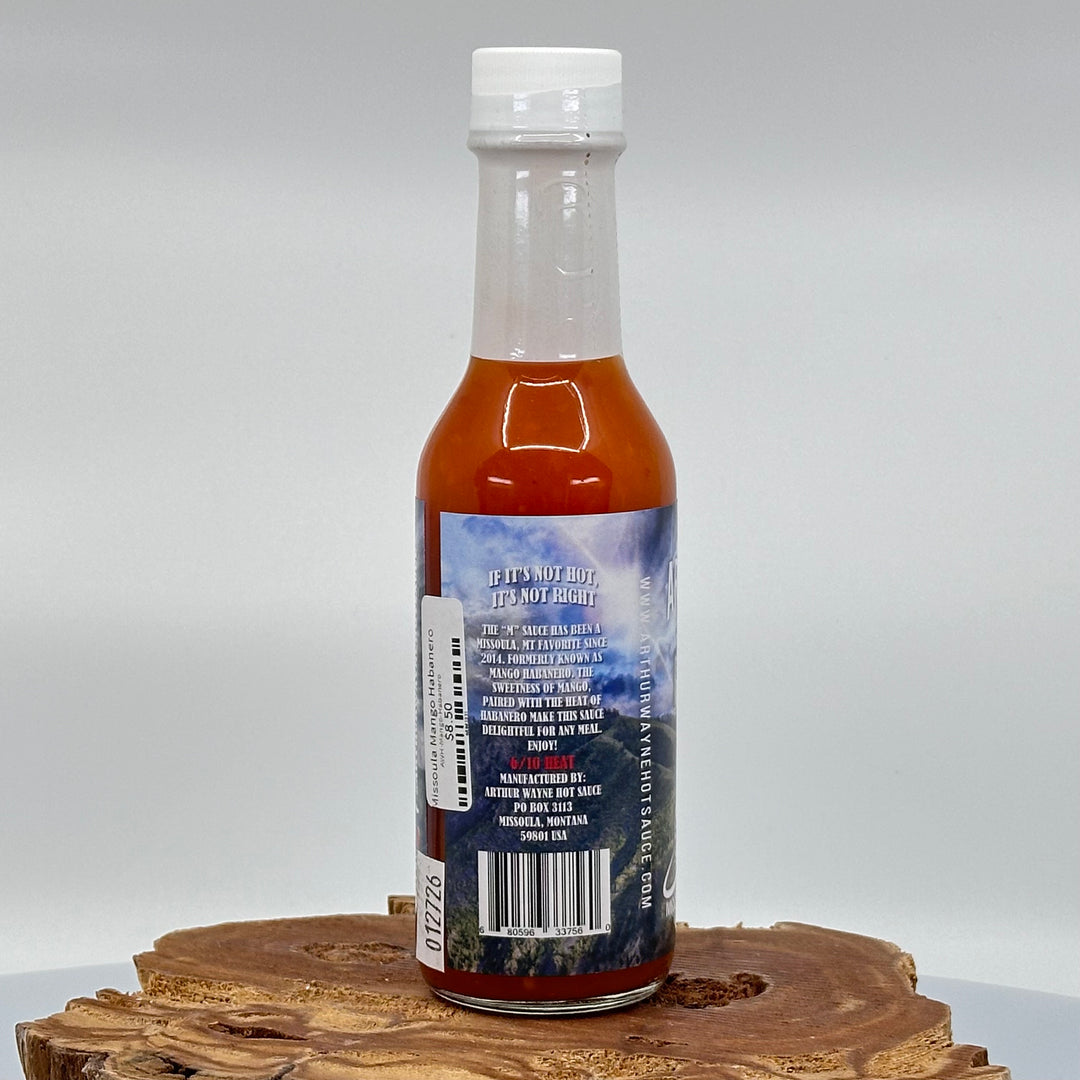 Bottle of Arthur Wayne Missoula Mango Habanero (The "M") hot sauce, description