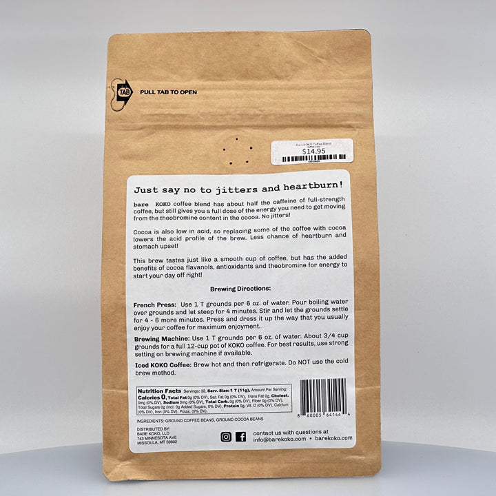 12 oz. bag of ground bare KOKO coffee blend, description and brewing directions