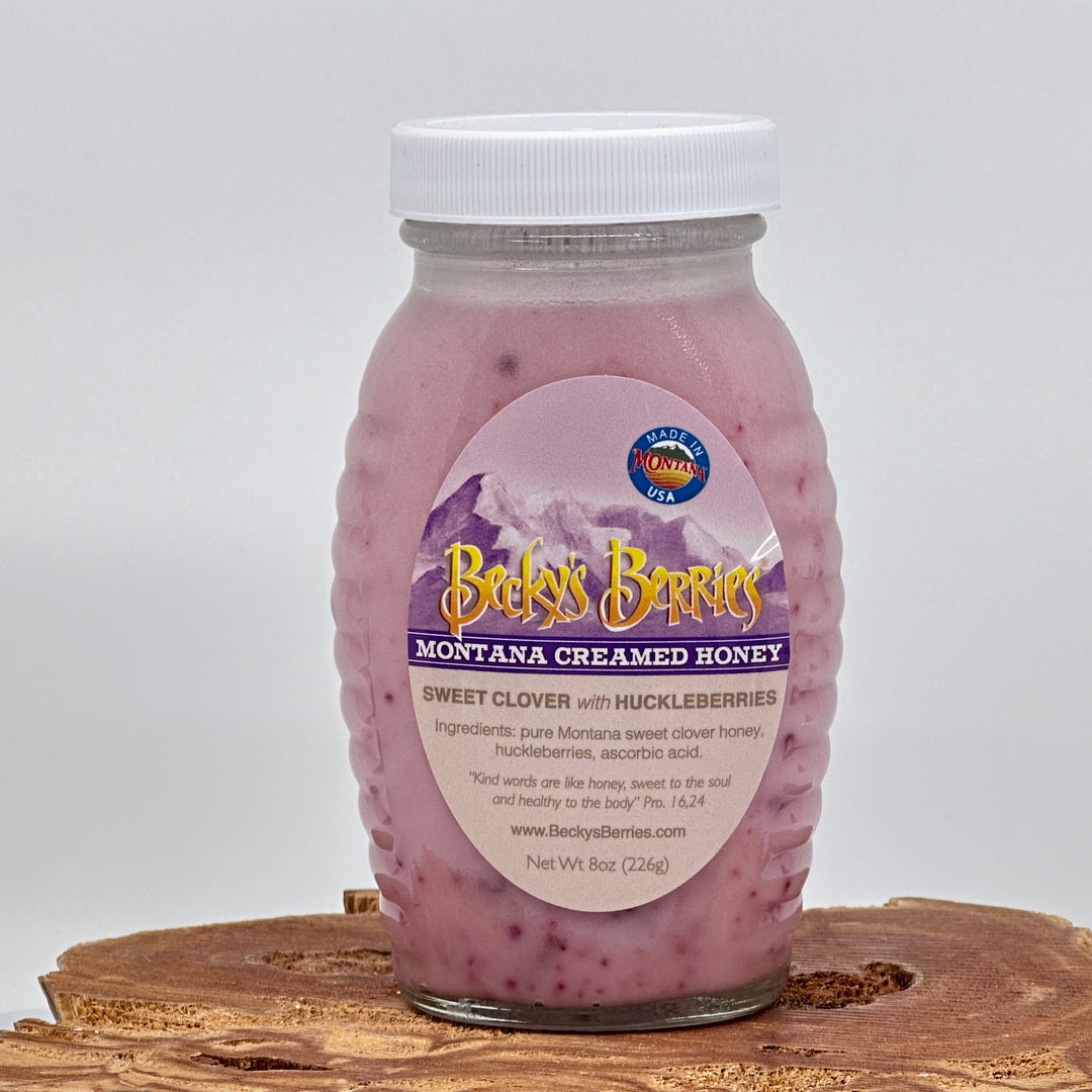 8 oz. jar of Becky's Berries Montana creamed sweet clover honey with huckleberries, front and ingredients