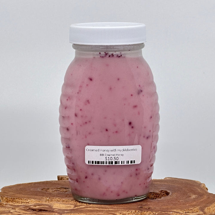 8 oz. jar of Becky's Berries Montana creamed sweet clover honey with huckleberries, back