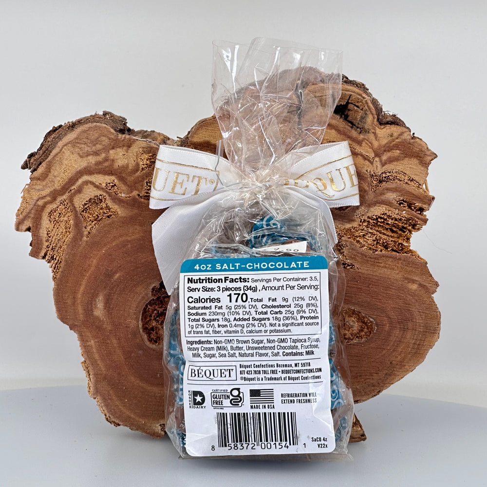 4 oz bag of Bequet gourmet salt-chocolate butter caramels, nutrition facts