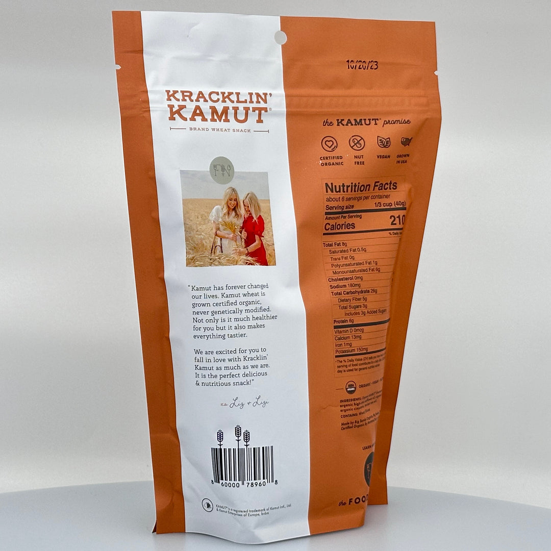 8 oz. bag of Kracklin Kamut Churro flavored wheat germ snack, description