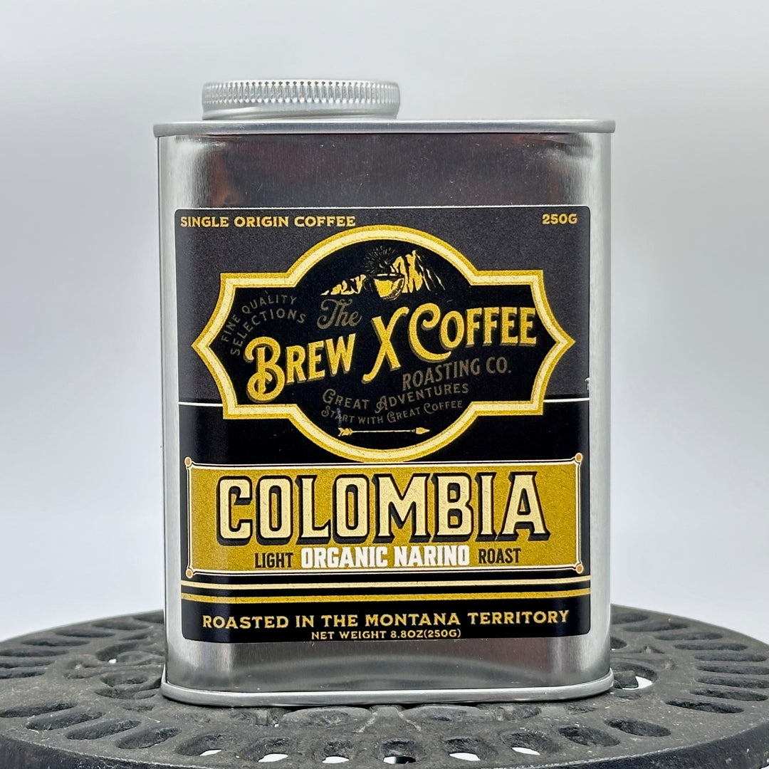 8.8 oz. tin of The Brew X Coffee Roasting Co. single origin Columbian coffee, front