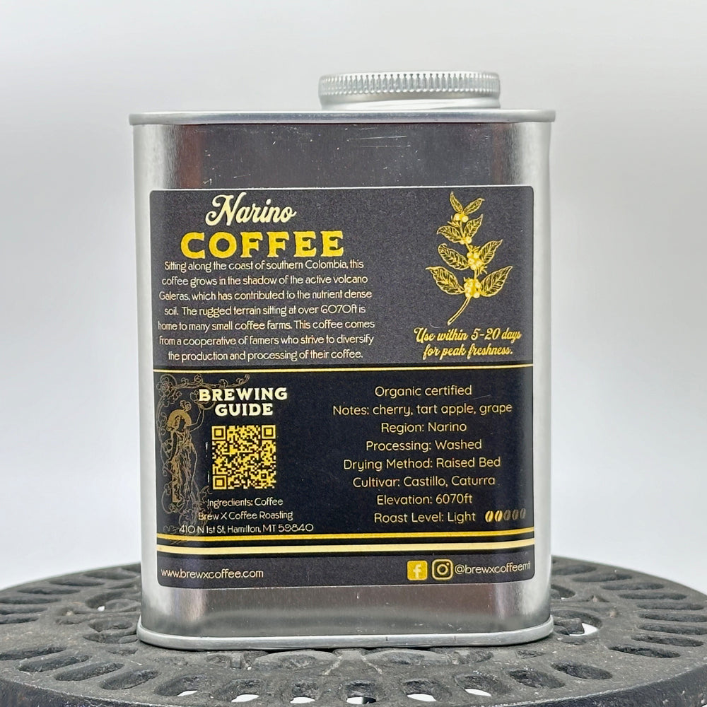 8.8 oz. tin of The Brew X Coffee Roasting Co. single origin Columbian coffee, description & provenance