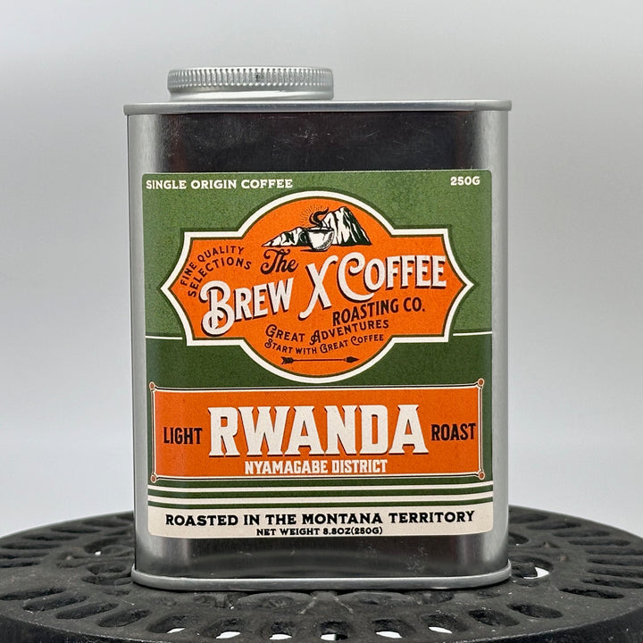 8.8 oz. tin of The Brew X Coffee Roasting Co. single origin Rwandan coffee, front