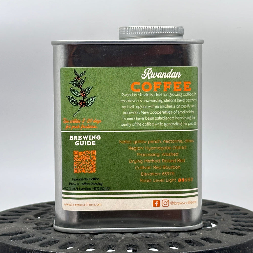 8.8 oz. tin of The Brew X Coffee Roasting Co. single origin Rwandan coffee, description & provenance