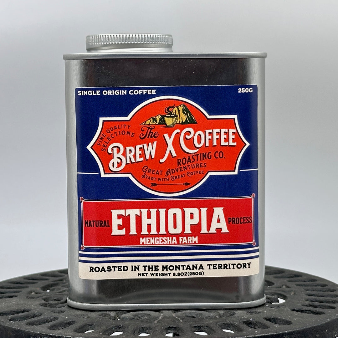 8.8 oz. tin of The Brew X Coffee Roasting Co. single origin Ethiopian coffee, front