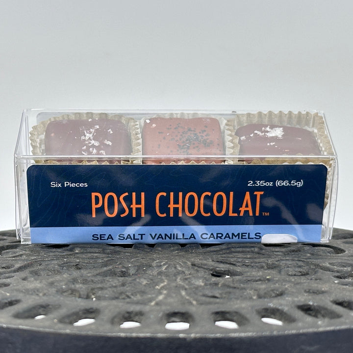 2.35 oz. package (6 pieces) of Posh Chocolate's Sea Salt Vanilla Caramels, front & top window