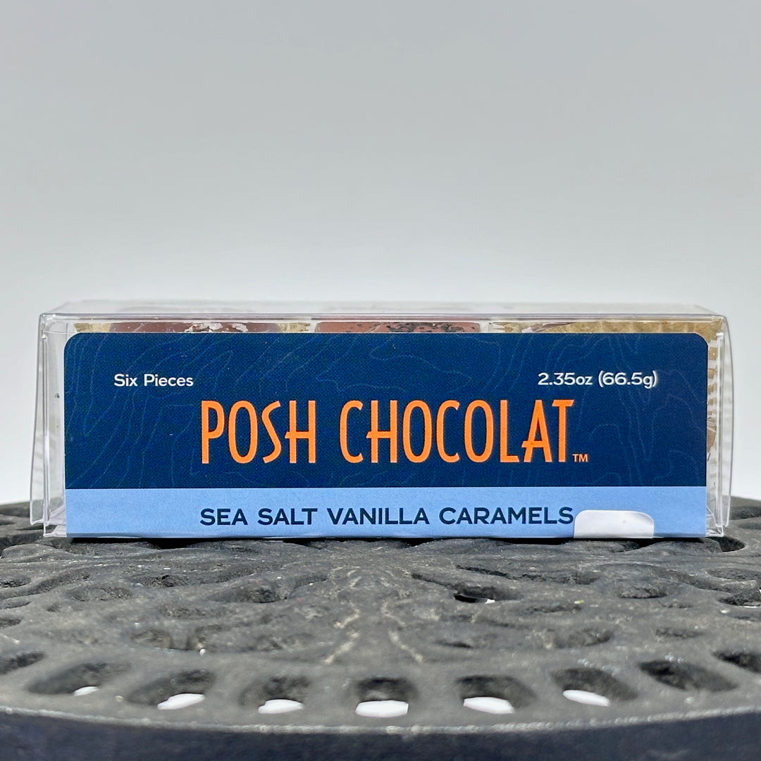 2.35 oz. package (6 pieces) of Posh Chocolate's Sea Salt Vanilla Caramels, front