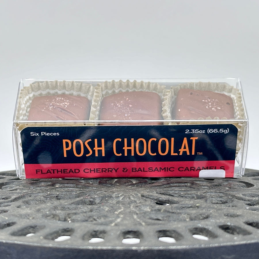 2.35 oz. package (6 pieces) of Posh Chocolate's Flathead Cherry & Balsamic Caramels, front & top window