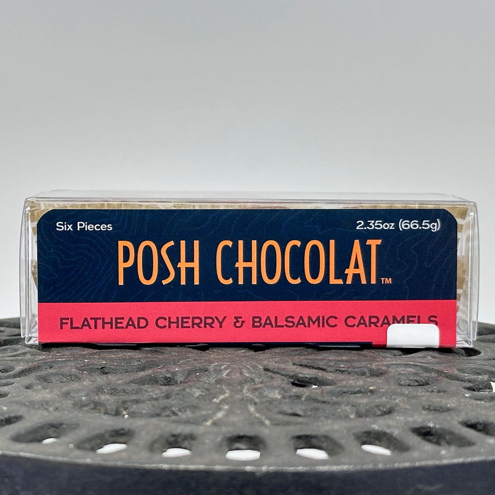 2.35 oz. package (6 pieces) of Posh Chocolate's Flathead Cherry & Balsamic Caramels, front