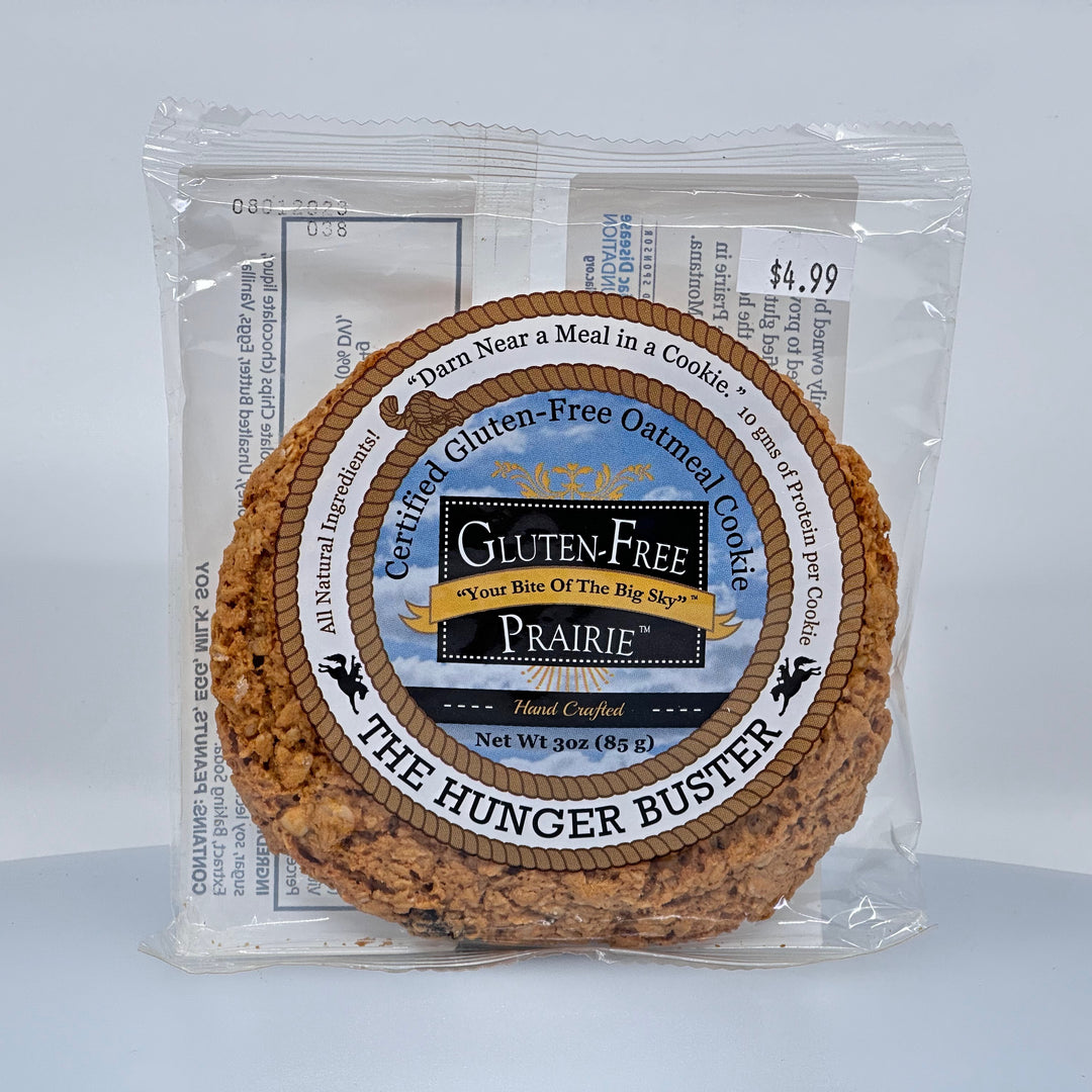 Individually packaged, 3 oz. gluten-free Hunger Buster oatmeal cookie made by Gluten-Free Prairie, front