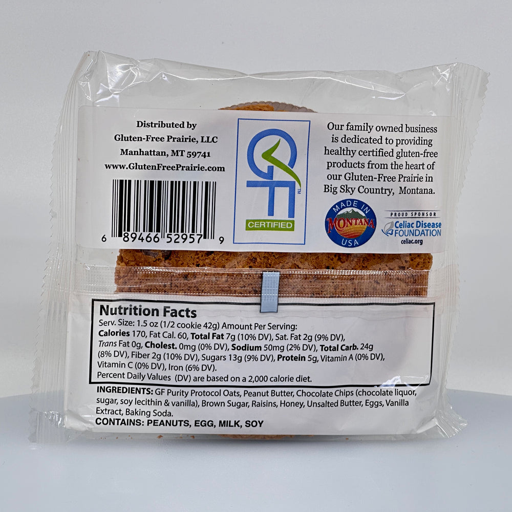 Individually packaged, 3 oz. gluten-free Hunger Buster oatmeal cookie made by Gluten-Free Prairie, nutrition facts