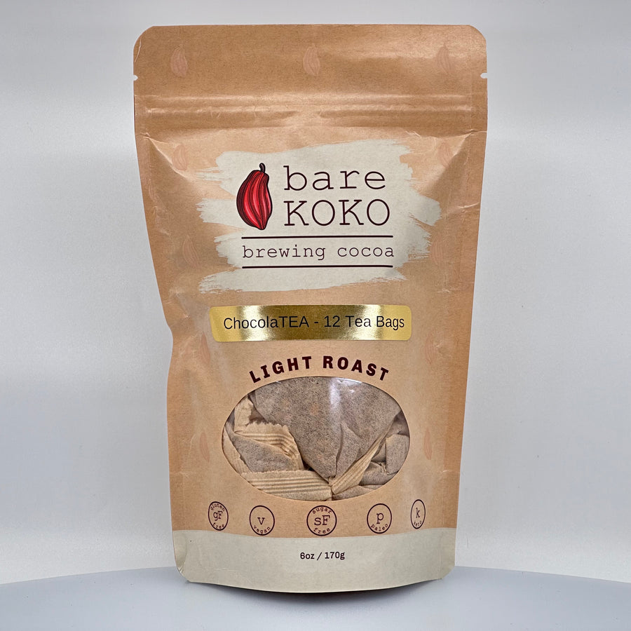 6 oz. bag of bare KOKO brewing cocoa, 12 ChocolaTEA tea bags, front