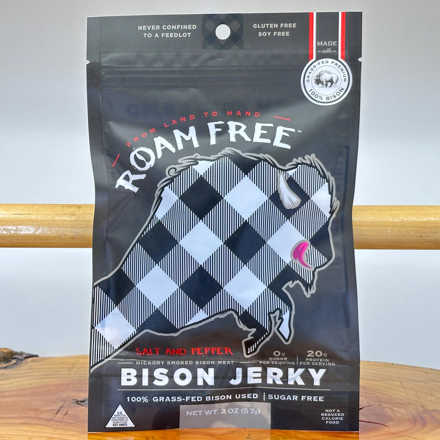 2 oz. bag of Go Roam Free 100% grass-fed Salt and Pepper Bison Jerky, front