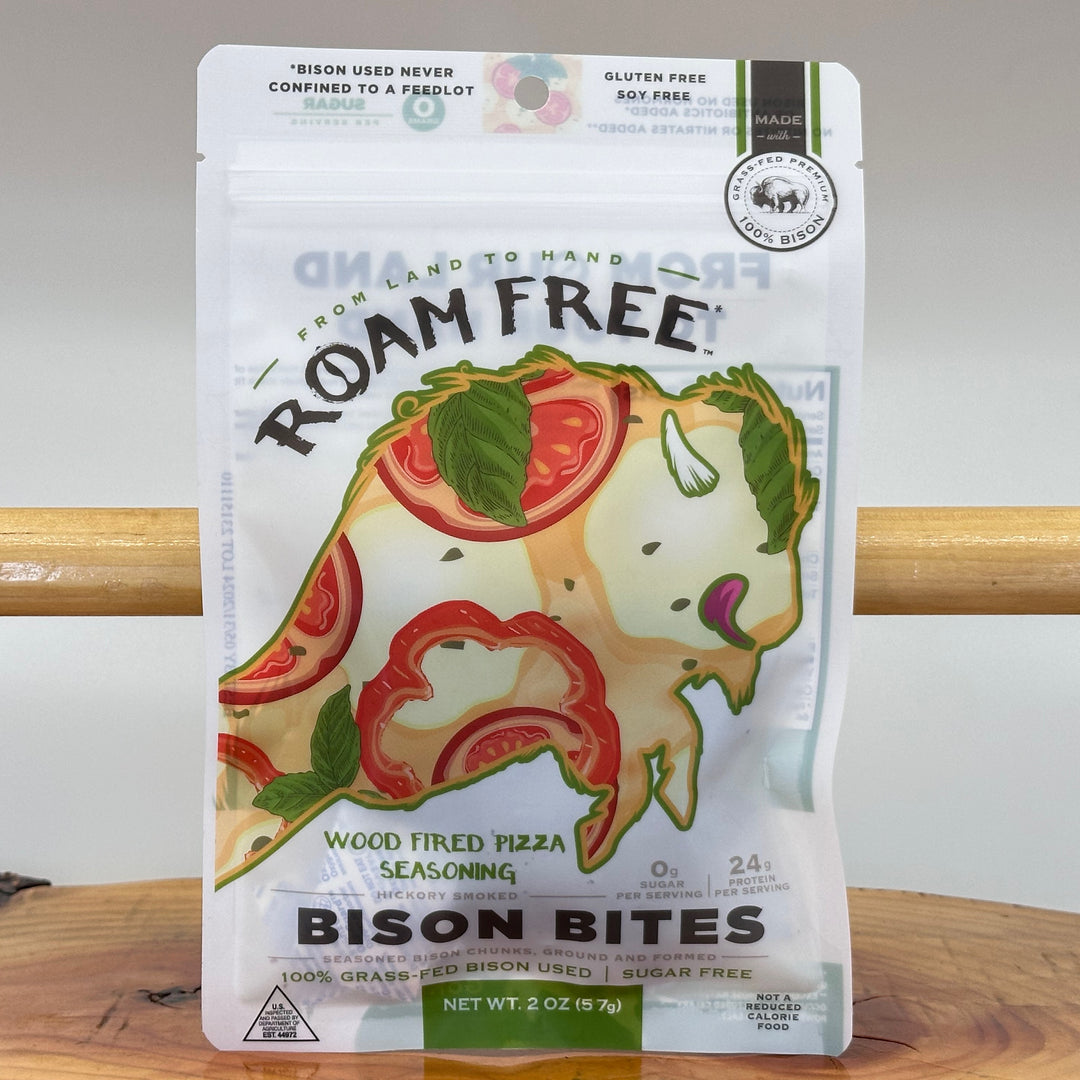 2 oz. bag of Go Roam Free Wood Fired Pizza Seasoning Bison Bites, front