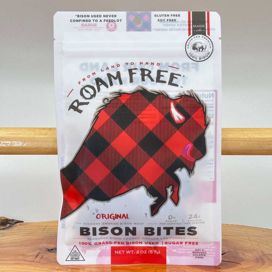 2 oz. bag of Go Roam Free Original hickory smoked Bison Bites, front