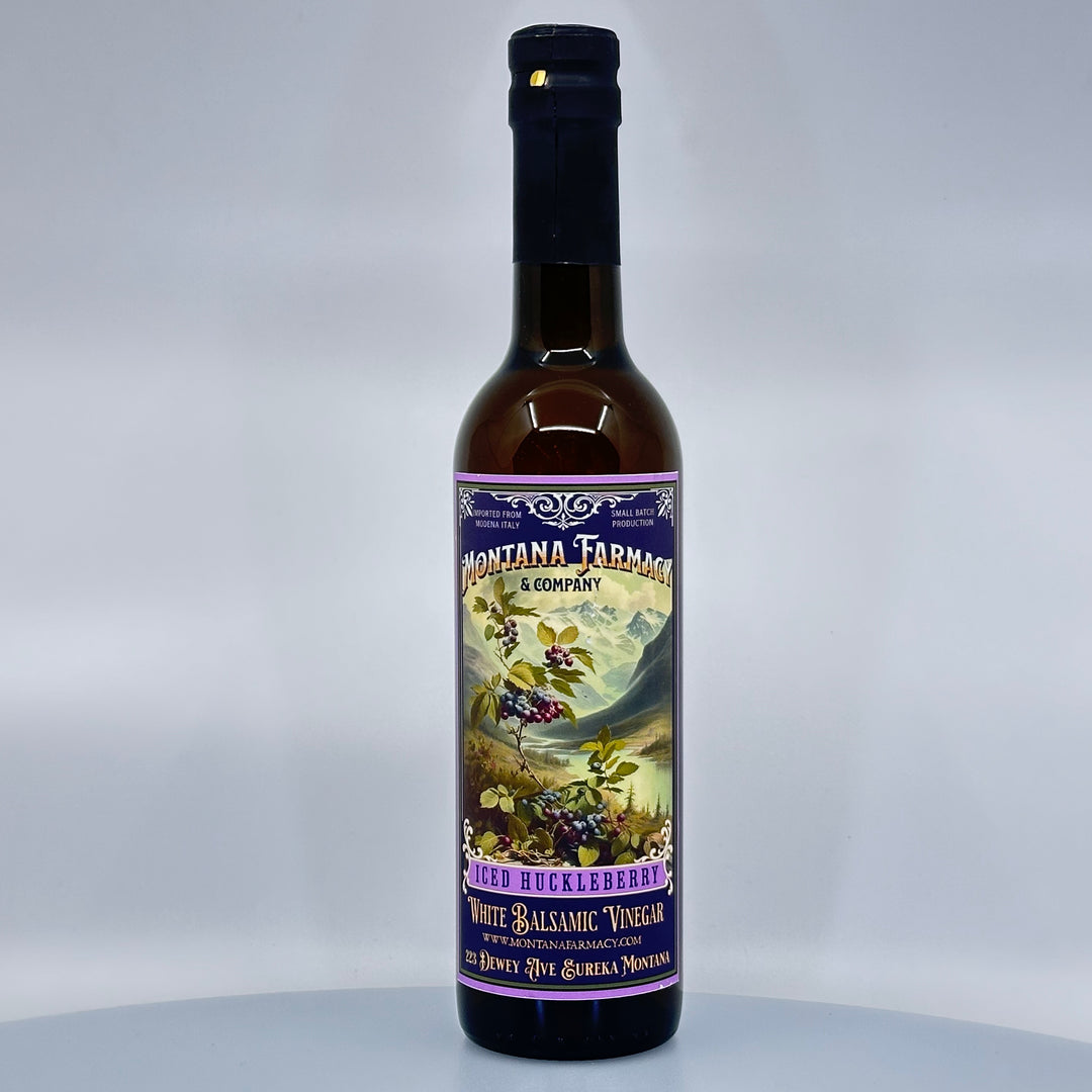 375 ml bottle of Montana Farmacy & Co.'s Iced Huckleberry White Balsamic Vinegar, front