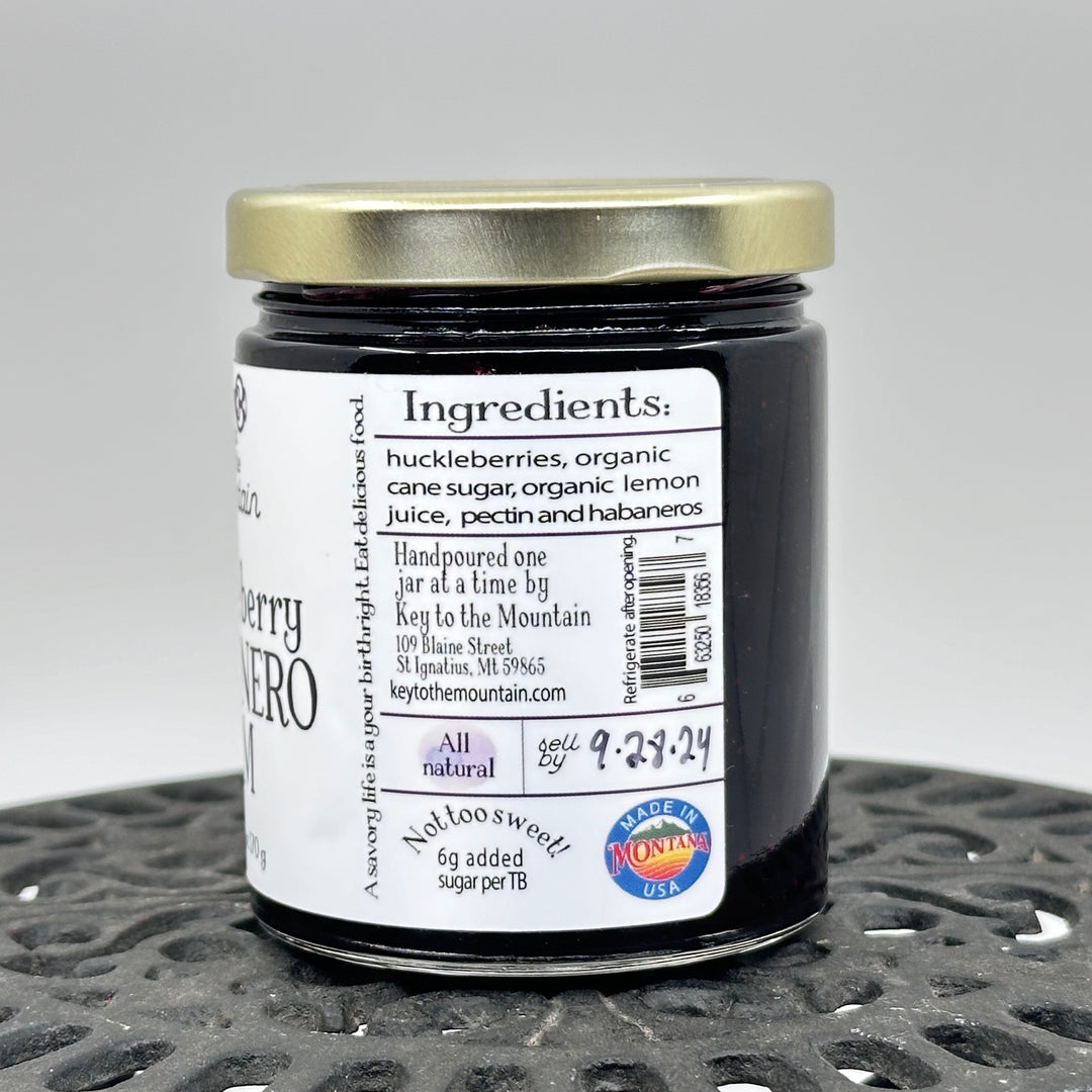 6 oz. jar of Key to the Mountain Huckleberry Habanero Jam, ingredients & description