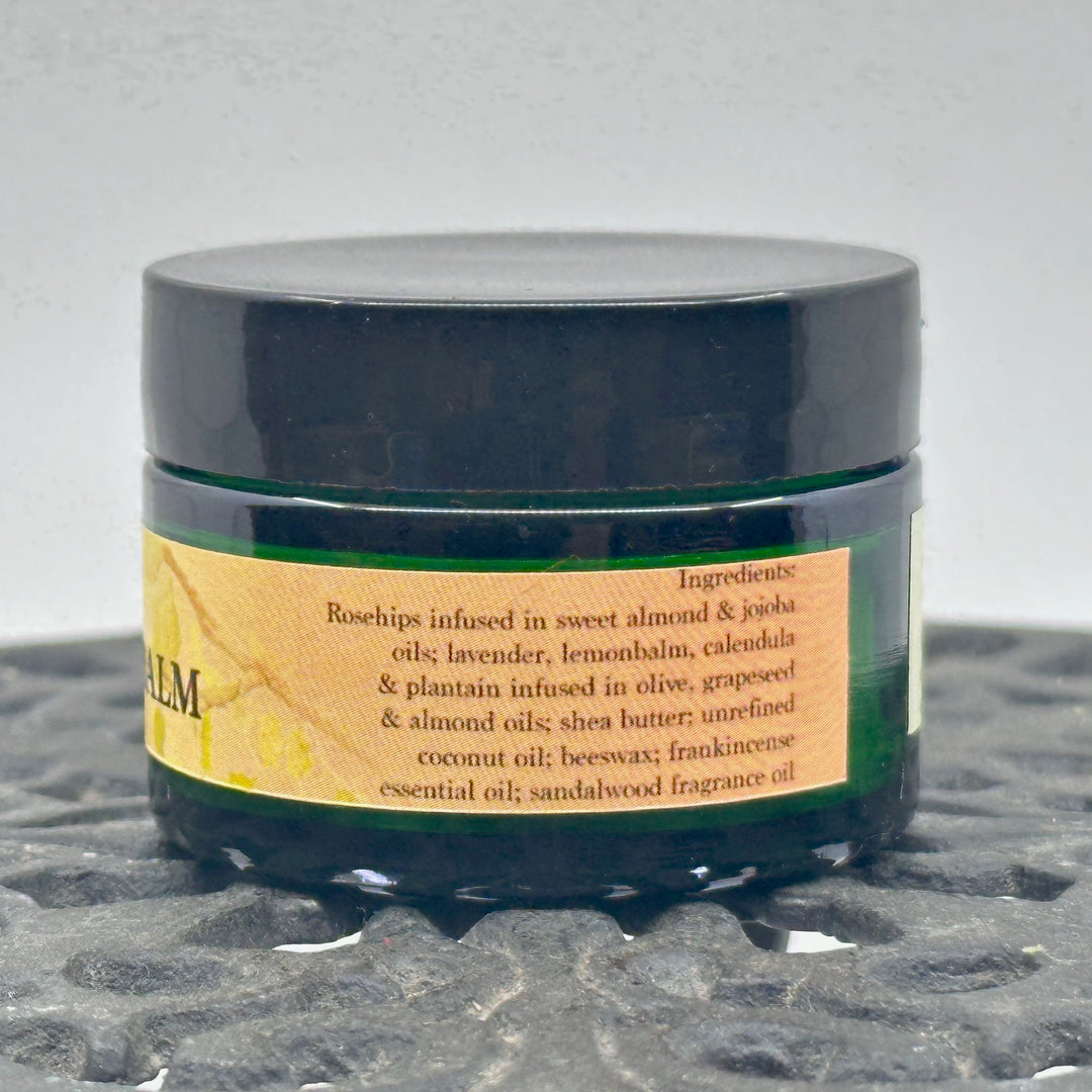 1 oz. jar of Dr. Smith Botanicals' Sandalwood & Frankincense Rosehip Oil Face Balm, ingredients