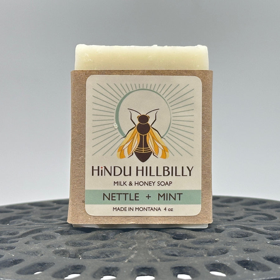 4 oz. bar of Hindu Hillbilly Nettle & Mint Milk & Honey Soap, front