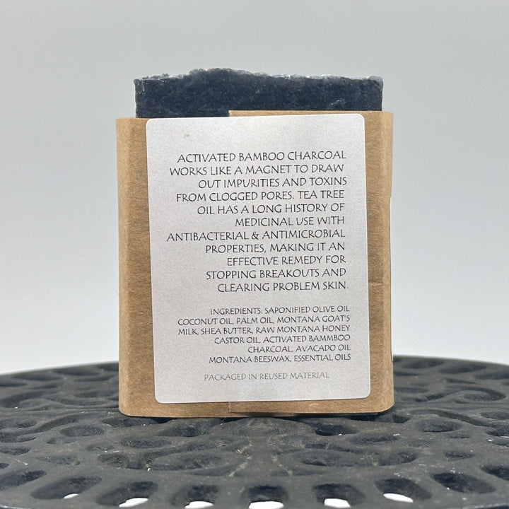 4 oz. bar of Hindu Hillbilly Detox Activated Charcoal & Tea Tree Milk & Honey Soap, description & ingredients