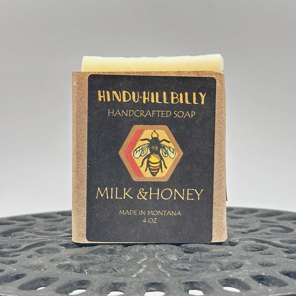 4 oz. bar of Hindu Hillbilly's Milk & Honey Soap, front