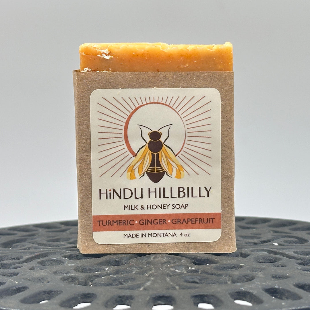 4 oz. bar of Hindu Hillbilly's Tumeric, Ginger, & Grapefruit Milk & Honey Soap, front