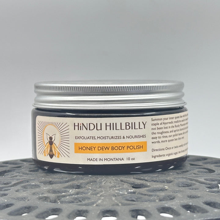 10 oz. jar of Hindu Hillbilly's Honey Dew Body Polish, front