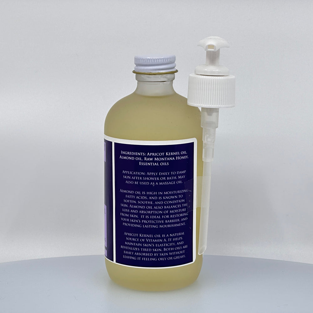 8 oz. bottle of Hindu Hillbilly's Lavender & Ho Wood Honey Body Oil, ingredients & description