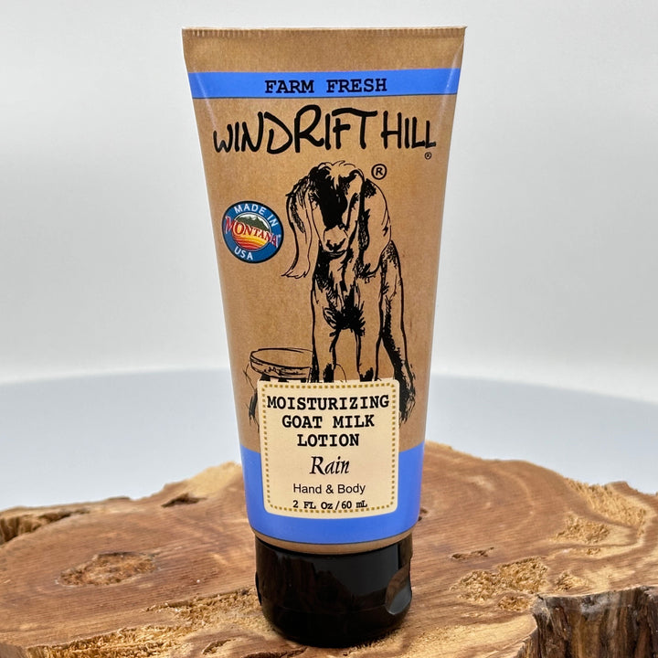 2 oz. bottle of Windrift Hill Rain scented Goat Milk Lotion, front