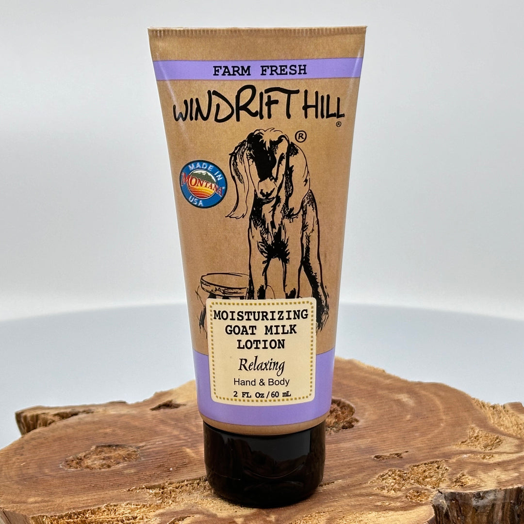 2 oz. bottle of Windrift Hill's Relaxing Goat Milk Lotion, front
