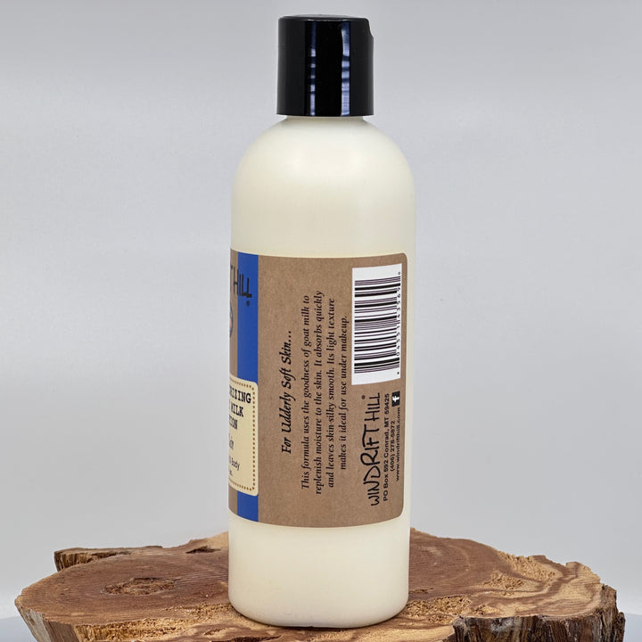 8 oz. bottle of Windrift Hill Rain scented Goat Milk Lotion, description