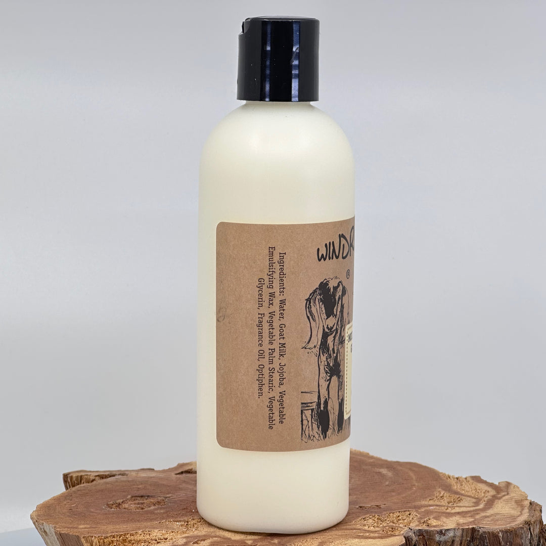8 oz. bottle of Windrift Hill Rain scented Goat Milk Lotion, ingredients