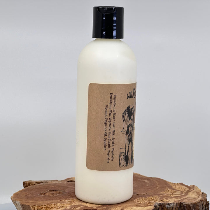 8 oz. bottle of Windrift Hill Pearberry Goat Milk Lotion, ingredients