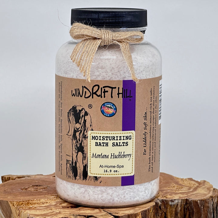 16.9 oz. jar of Windrift Hill's Montana Huckleberry Moisturizing Bath Salts, front