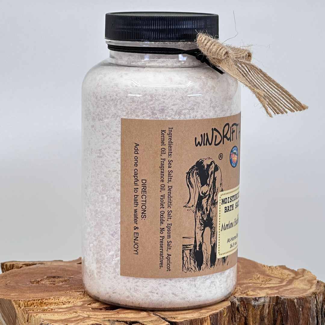 16.9 oz. jar of Windrift Hill's Montana Huckleberry Moisturizing Bath Salts, ingredients