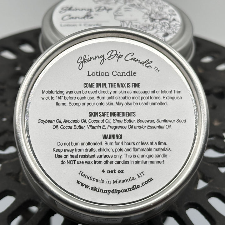 4 oz. tin of Skinny Dip Candle's Speakeasy (mist, sage, vetiver, bergamot & sandalwood) Lotion + Candle, description & ingredients