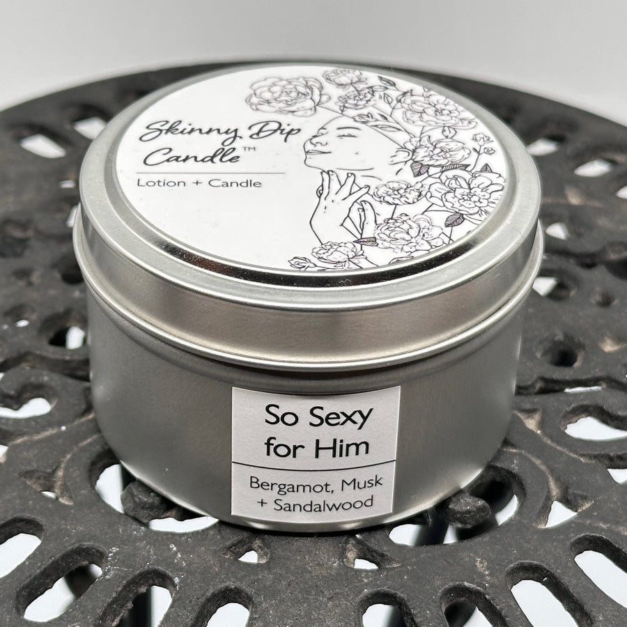 4 oz. tin of Skinny Dip Candle's So Sexy for Him (bergamot, musk & sandalwood) Lotion + Candle, front
