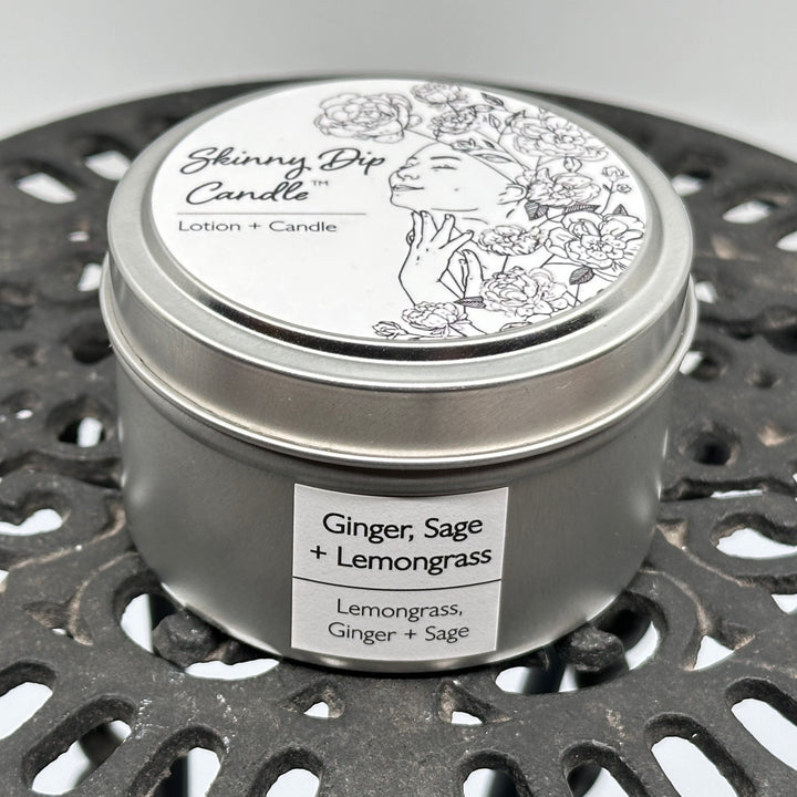 4 oz. tin of Skinny Dip Candle's Ginger, Sage & Lemongrass Lotion + Candle, front