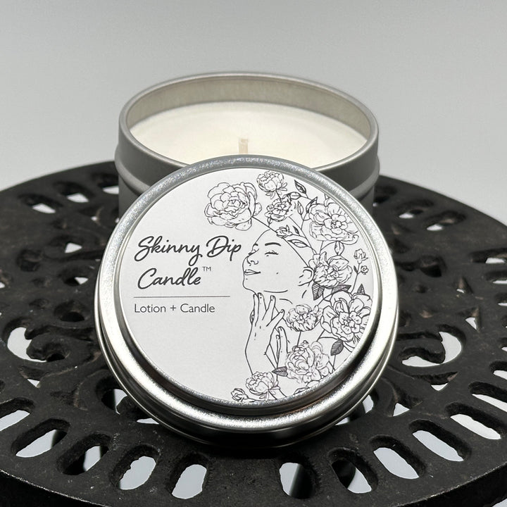 4 oz. tin of Skinny Dip Candle's Speakeasy (mist, sage, vetiver, bergamot & sandalwood) Lotion + Candle, lid & inside