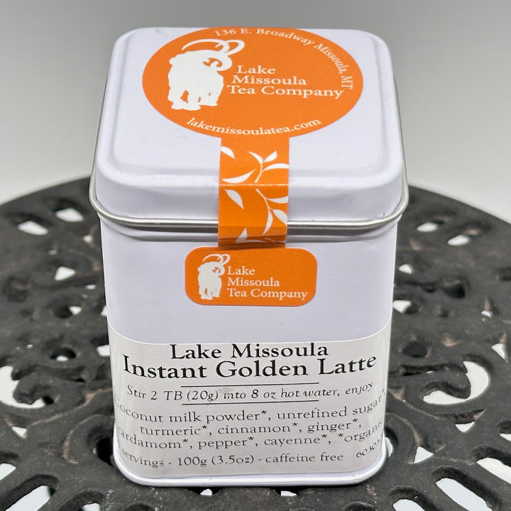 3.5 oz tin of Lake Missoula Tea Company's Lake Missoula Instant Golden Latte, front