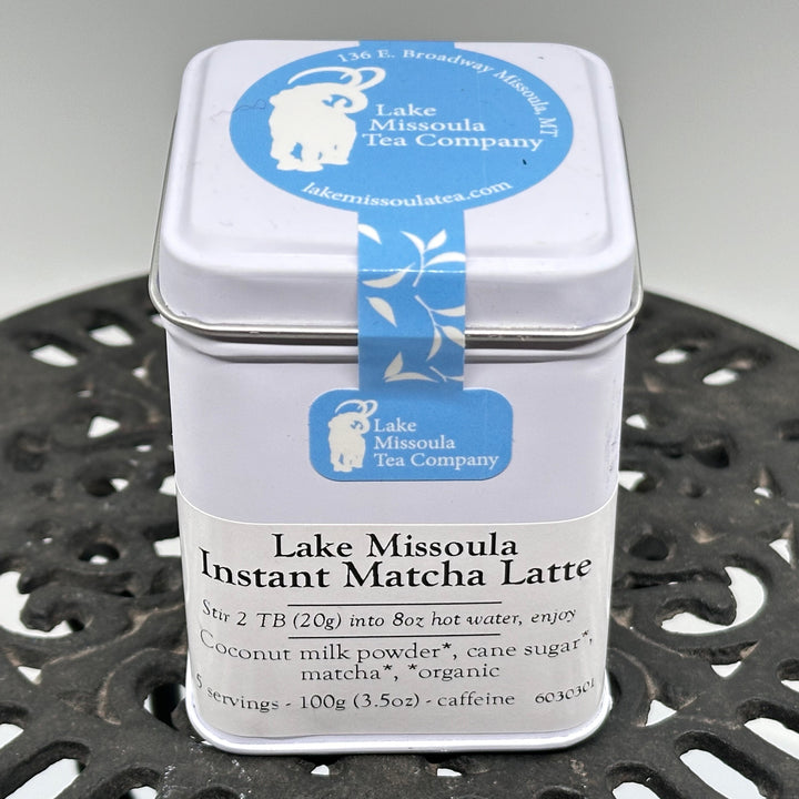 3.5 oz tin of Lake Missoula Tea Company's Lake Missoula Instant Matcha Latte, front