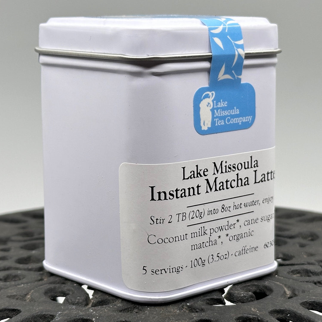 3.5 oz tin of Lake Missoula Tea Company's Lake Missoula Instant Matcha Latte, side