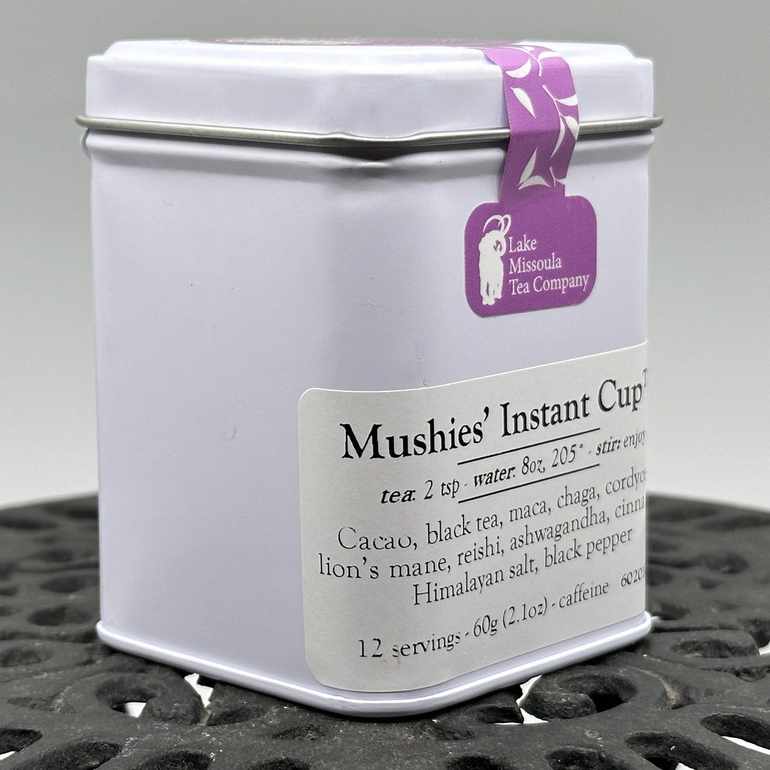 2.1 oz. tin of Lake Missoula Tea Company's Mushies' Instant Cup, side