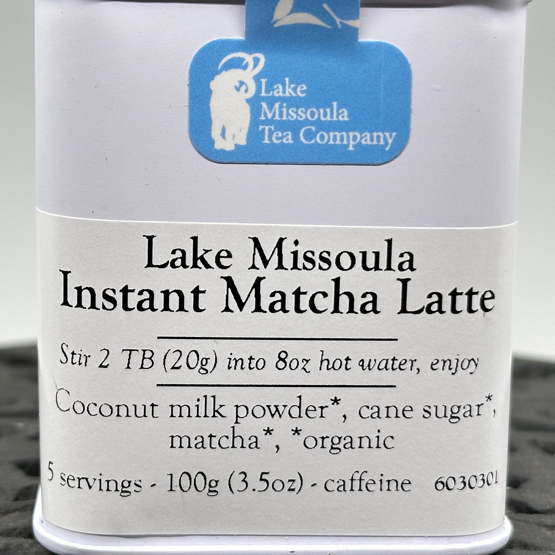 3.5 oz tin of Lake Missoula Tea Company's Lake Missoula Instant Matcha Latte, ingredients