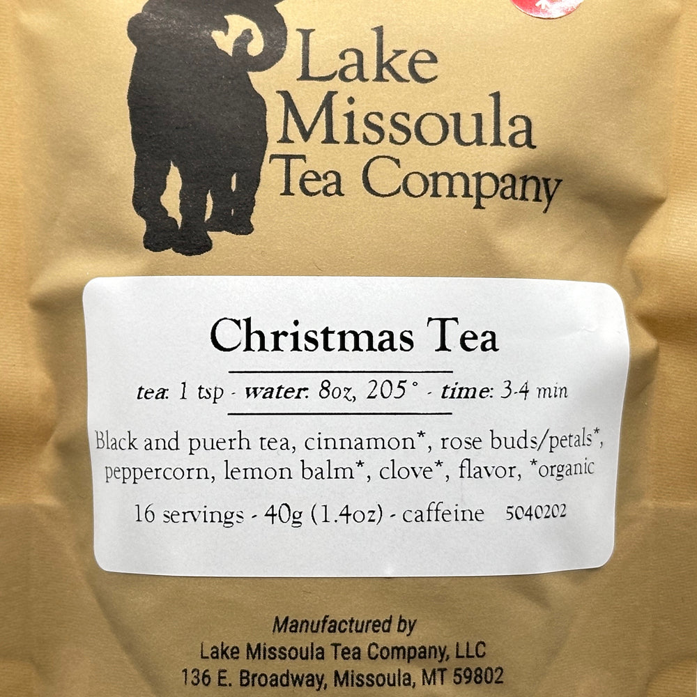 1.4 oz. bag of Lake Missoula Tea Company's Christmas Tea, ingredients