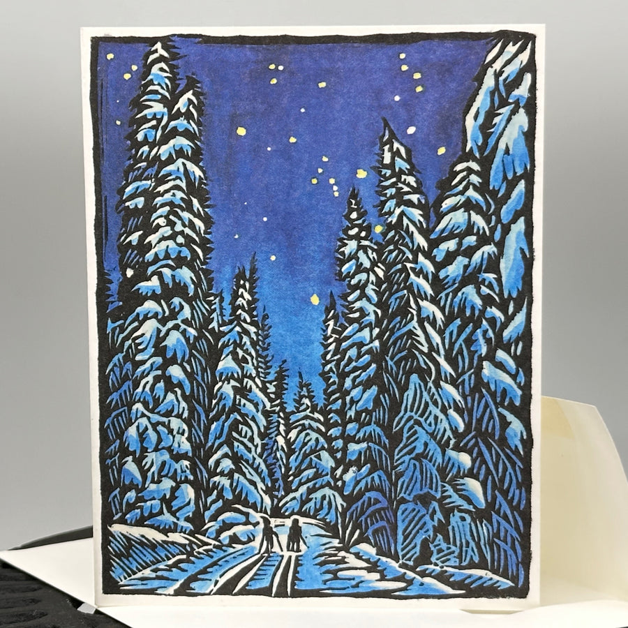 Original woodblock print card by Claire Emery--Full Moon Ski, front