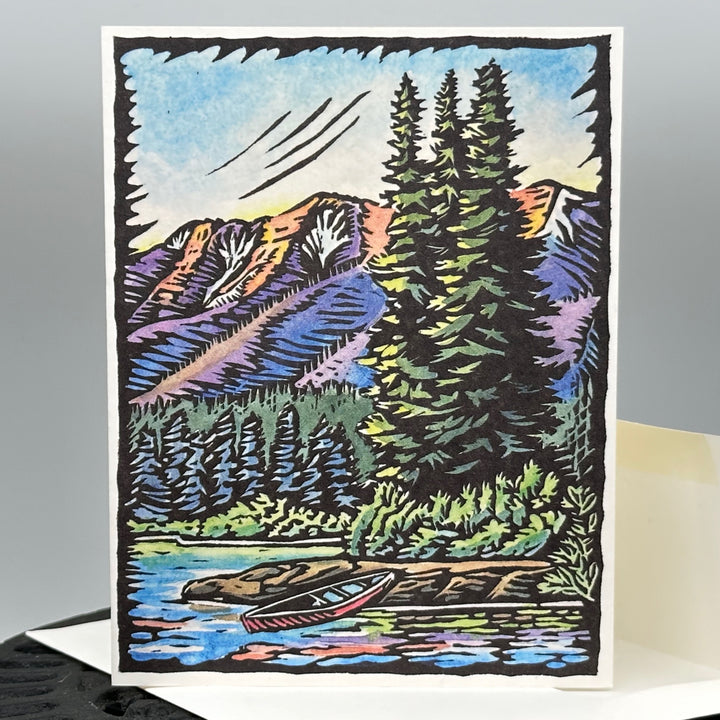 Original woodblock print card by Claire Emery--First Launch: Spring Canoe, front