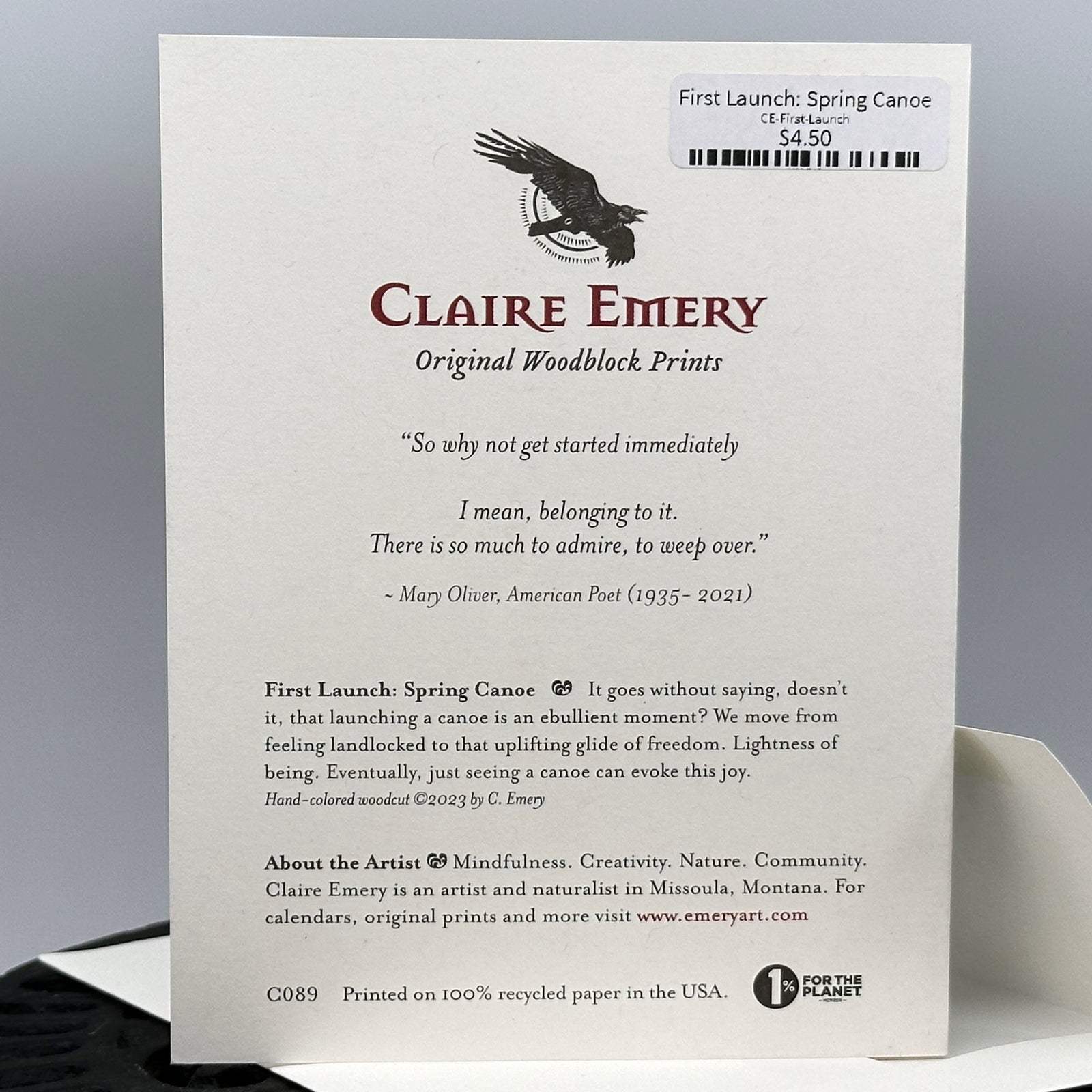 Original woodblock print card by Claire Emery--First Launch: Spring Canoe, back